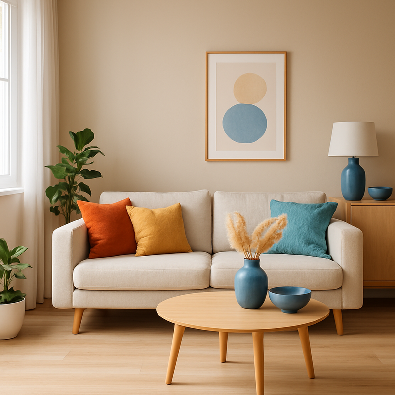 Modern woonkamer met neutrale kleuren en accenten in warme en koele tinten