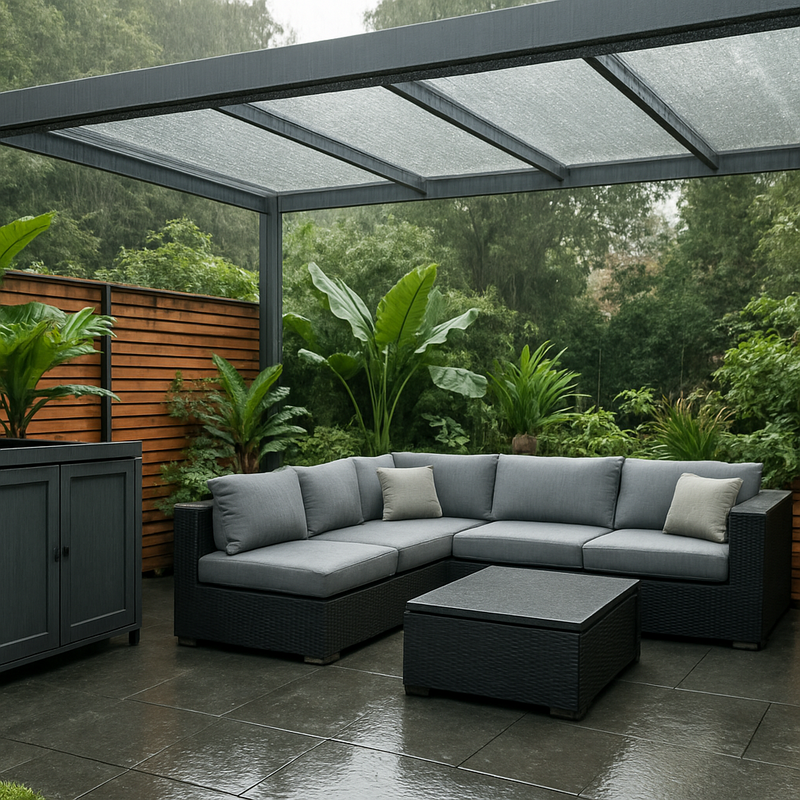 Moderne all-weather buitenkamer met tuinmeubelen, plantenbakken en translucent dak in natte Nederlandse tuin