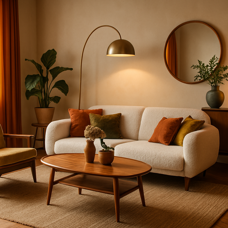 Woonkamer met mix van vintage en moderne meubels, natuurlijke materialen en warme verlichting