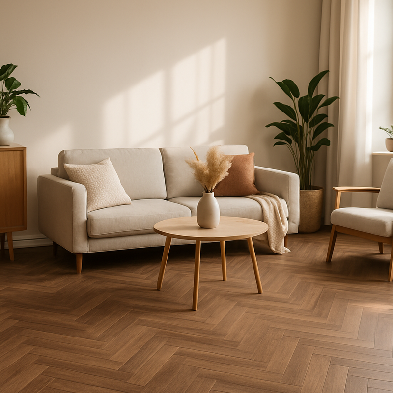 woonkamer met visgraat PVC vloer in koffiebruine aardetinten, Scandinavisch interieur