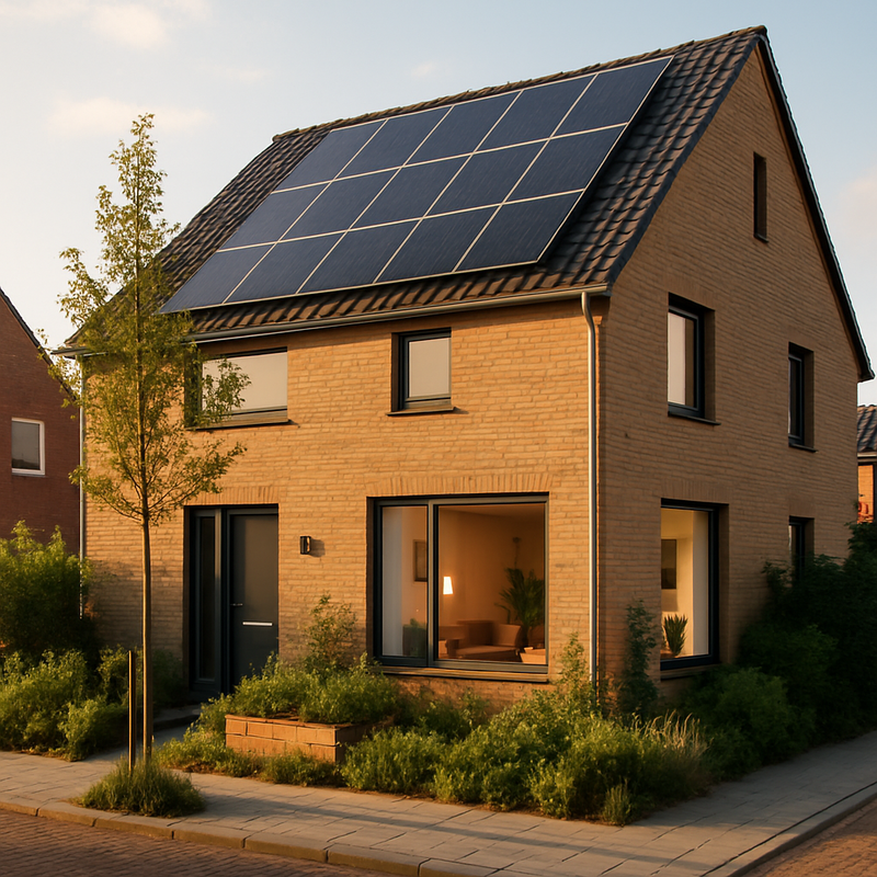 Moderne energiezuinige woning met zonnepanelen en duurzame bouwmaterialen