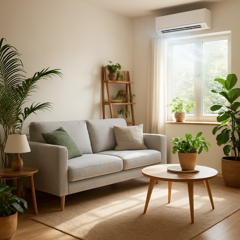 modern Scandinavisch interieur met veel planten en ventilatiesysteem in een lichte woonkamer