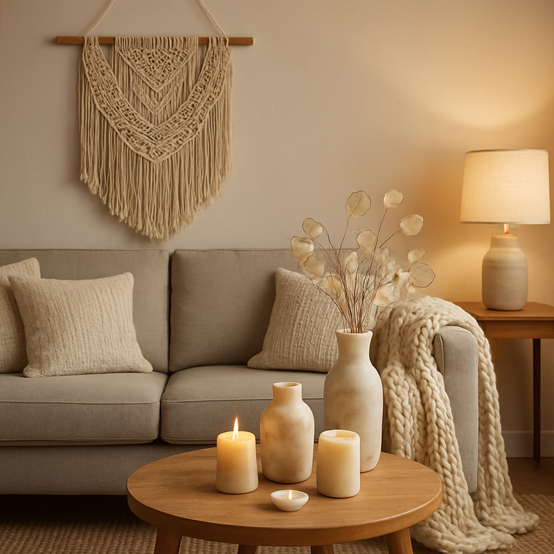 Gezellige woonkamer met duurzame woonaccessoires als macramé muurdecoratie en albast vazen