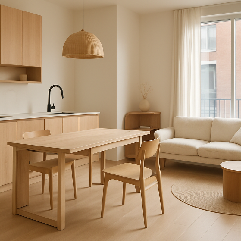 Moderne minimalistische woonkamer met multifunctionele uitschuifbare eettafel en keuken eiland