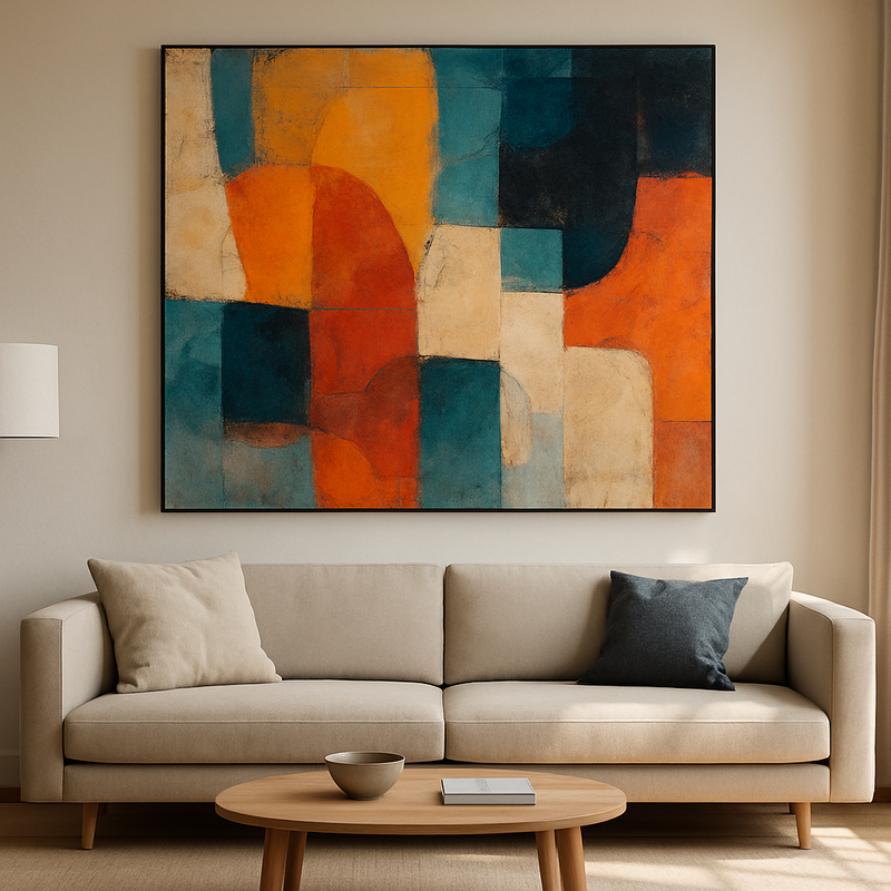 Moderne woonkamer met groot kunstwerk en natuurlijk licht