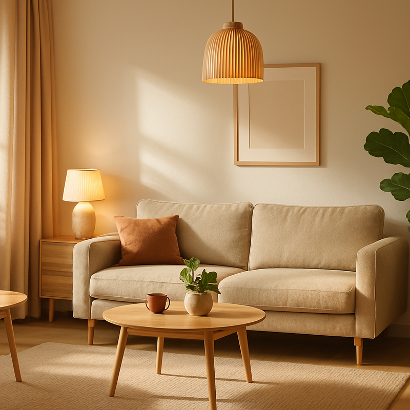 Lichte, moderne woonkamer met minimalistisch meubilair en energiezuinige verlichting