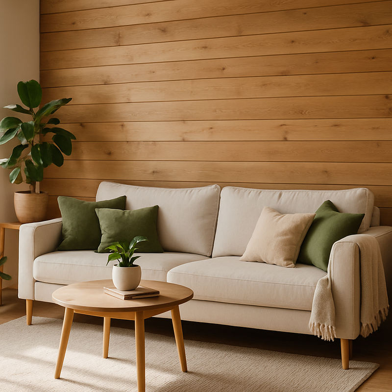 Woonkamer met houten lattenwand, natuurlijke materialen en zacht nude groen, representatief voor betaalbare DIY-projecten