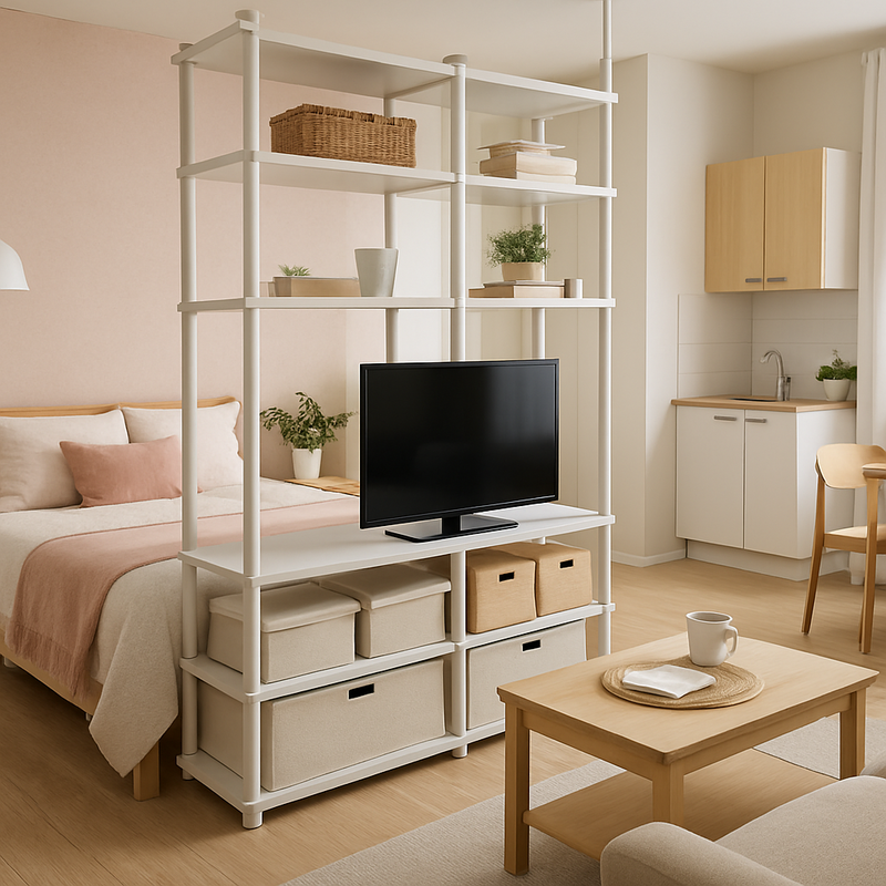 Kleine studio met IKEA ELVARLI planken als scheidingswand en een queensize bed erachter, Scandinavische stijl