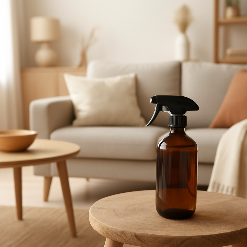 Glazen spuitfles met essentiële oliën in warme Scandinavische woonkamer