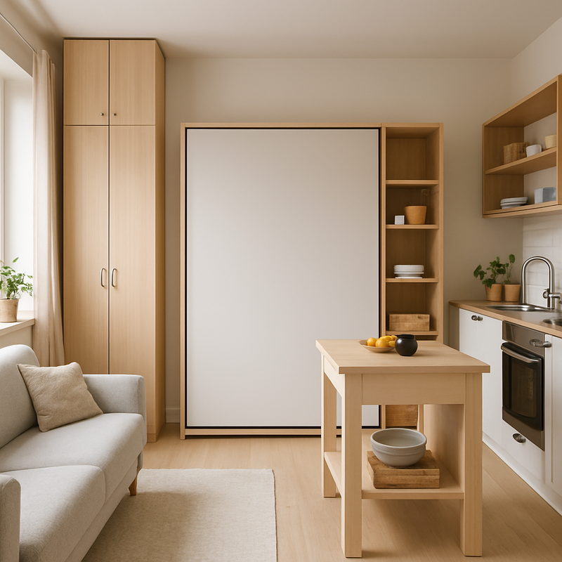 Kleine woning met verticale kasten en een opklapbaar Murphy bed in moderne, minimalistische stijl