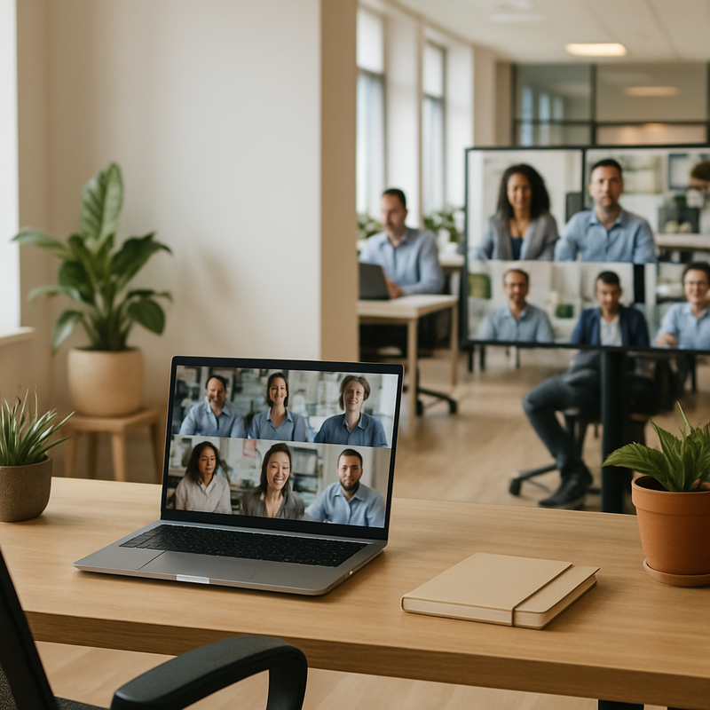 Moderne hybride werkplek thuis en kantoor met flexibele werkplekken en technologie