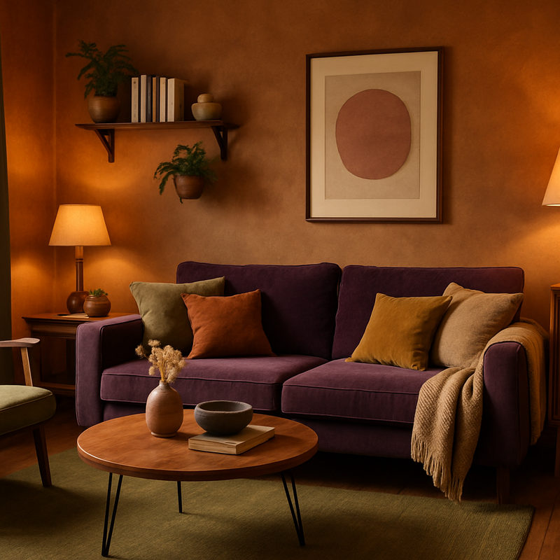 Gezellige woonkamer met vintage meubels, warm sfeerverlichting en diverse texturen