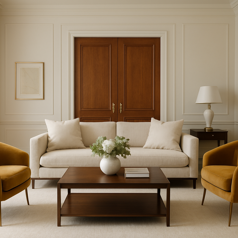 Lichte en elegante woonkamer met moderne klassieke elementen, gouden velvet stoelen en symmetrische opstelling