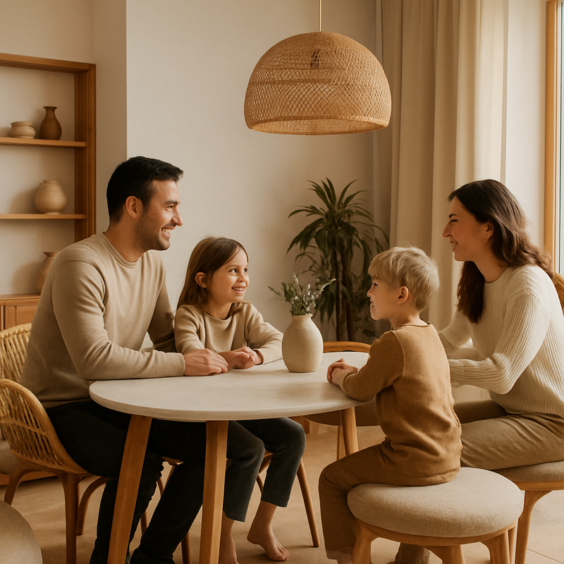 Gezin zit aan ovale eettafel in duurzaam, licht en organisch ingericht Scandinavisch interieur