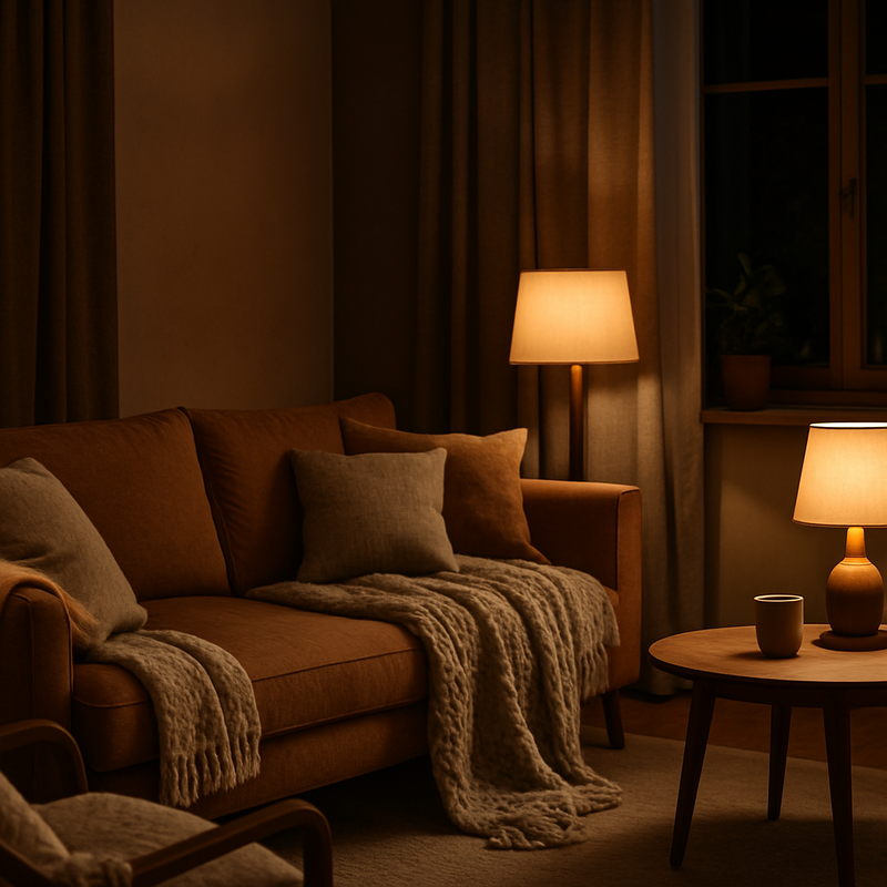 Gezellige woonkamer met warme dekens, dimbare lampen en houten meubels in winterstijl