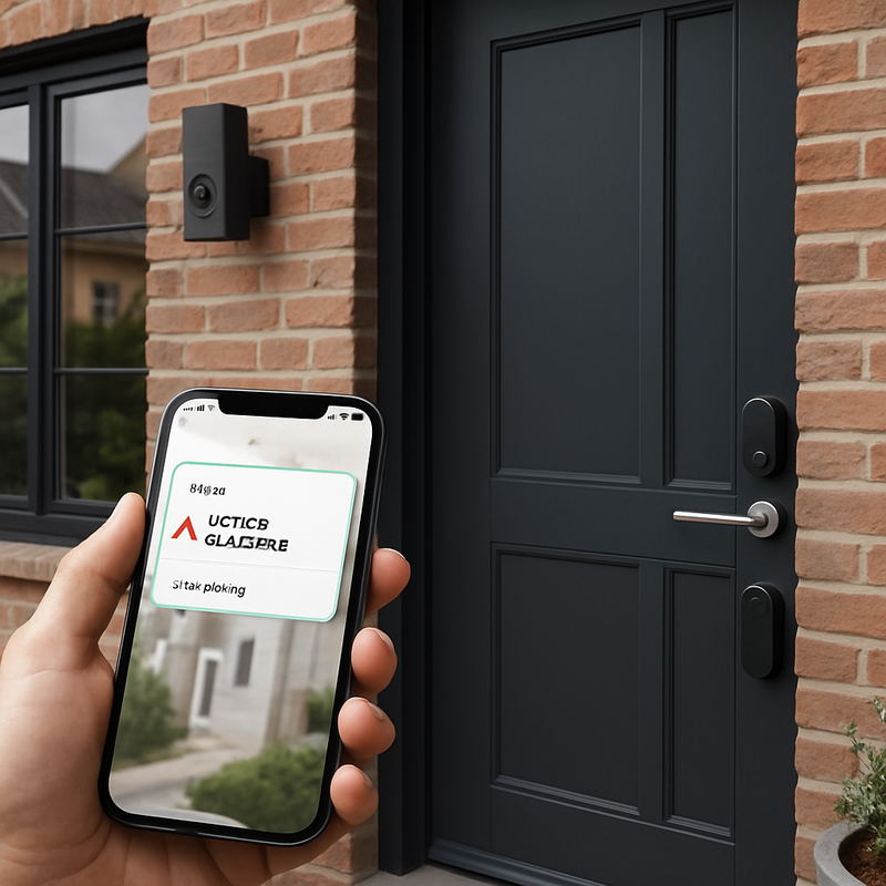 Ingang van een Nederlands huis met een slimme deurbellen en sloten, smartphone met beveiligingsmelding zichtbaar