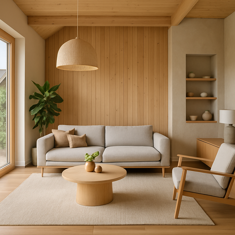 Modern interieur dat duurzaamheid en architectuur combineert met energiezuinige verlichting.