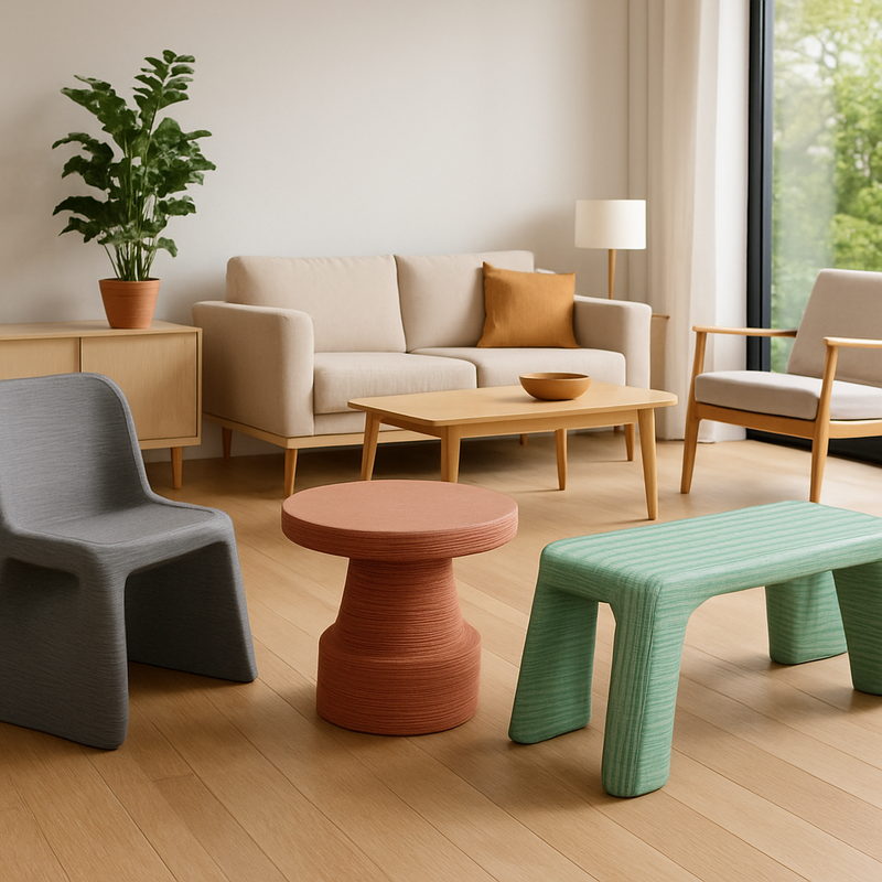 Moderne woonkamer met 3D-geprinte betonnen meubels en Scandinavisch minimalistisch interieur