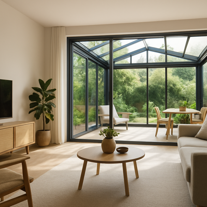 Open-concept woonkamer met wintertuin en aluminium kozijnen, energiezuinig en stijlvol ingericht