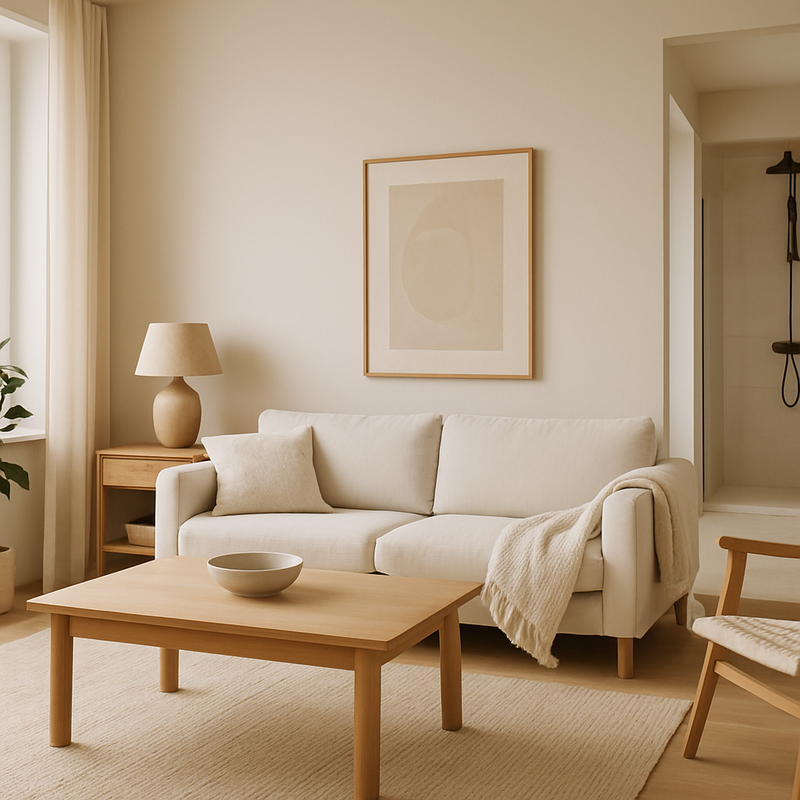 Moderne Japandi stijl woonkamer met natuurlijke materialen en een minimalistische uitstraling