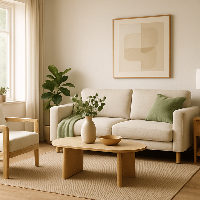 Modern Scandinavische woonkamer met duurzame circulaire meubels en natuurlijke verlichting