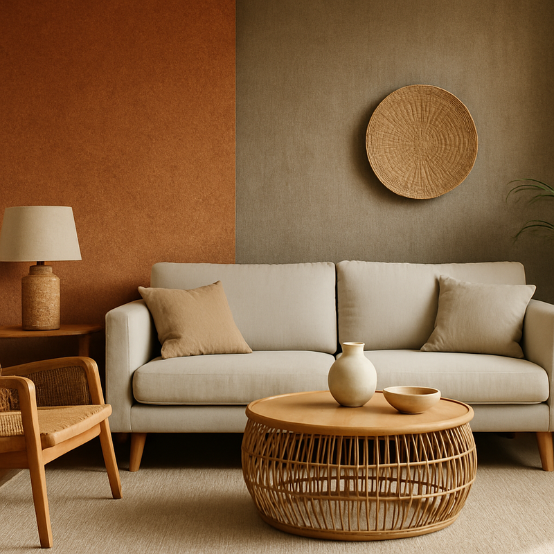 Woonkamer met behang in terracotta en taupekleurige aardetinten, textuurbehang en Scandinavische meubels