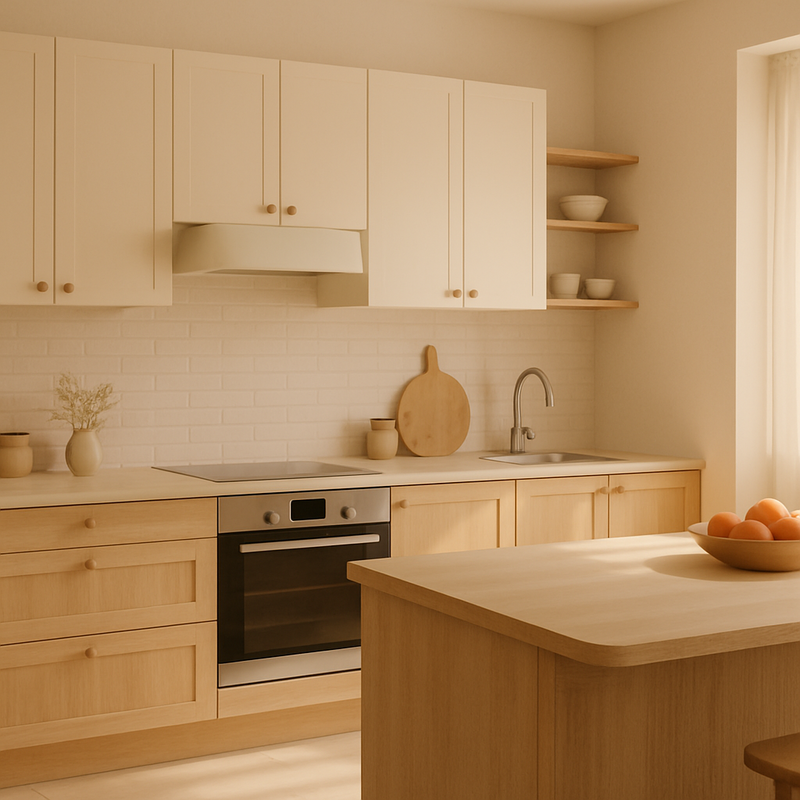 Moderne keuken met warme beige en romige witte kasten, houten texturen en natuurlijk licht