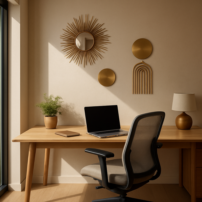 Licht modern thuiskantoor met houten bureau, ergonomische stoel en warme metalen wanddecoraties