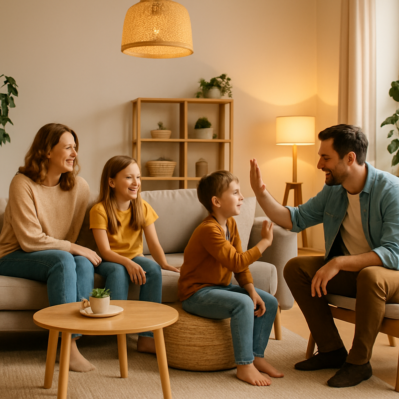 Moderne open woonkamer met Scandinavische meubels en een gezin in interactie