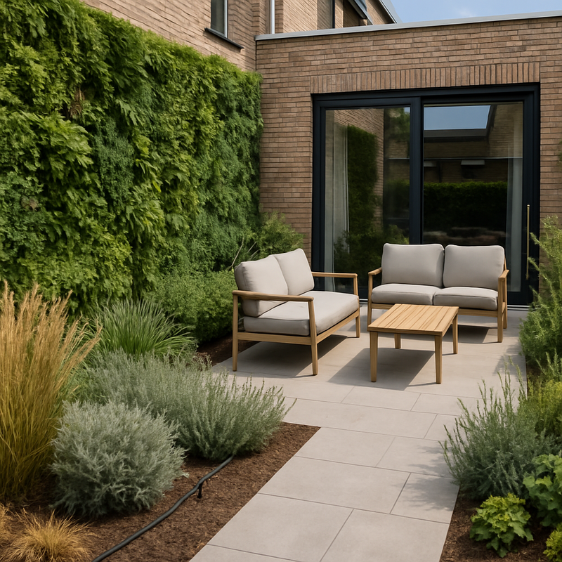 Modern terras met verticale tuin en inheemse planten in aardetinten, geïntegreerd met minimalistische meubelen