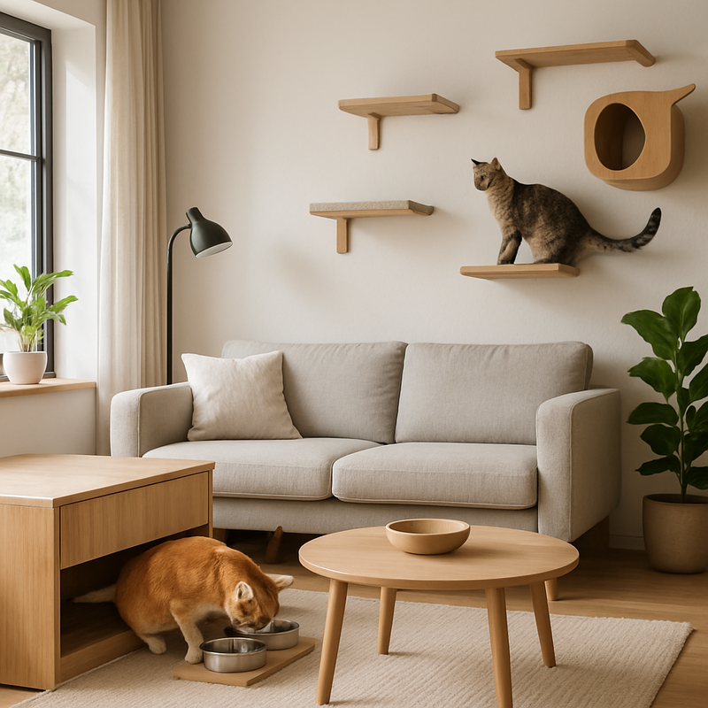 Moderne woonkamer met ingebouwde petmeubels en duurzame materialen