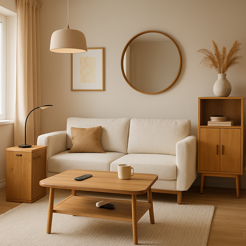 Duurzame multifunctionele meubels in een warme, lichte woonkamer met Scandinavische en hygge-stijl