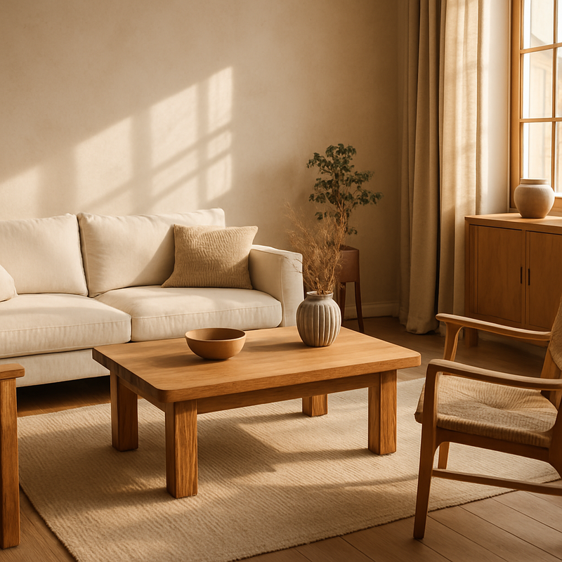 Handgemaakte houten meubels in een warm en stijlvol interieur met natuurlijk licht