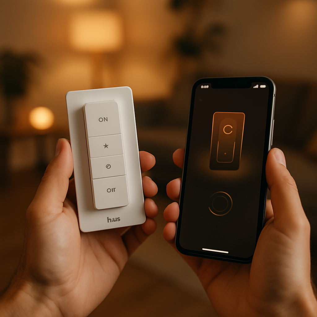 Een close-up van handen die een Philips Hue Dimmer Switch V2 en een smartphone met de Hue app vasthouden, bezig met de installatie. De achtergrond toont een onscherpe, comfortabele woonkamer.
