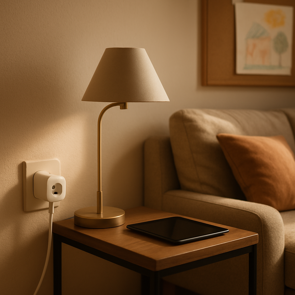 Een slimme stekker die onopvallend in een stopcontact zit in een opgeruimde woonkamer met zachte verlichting, wat functionaliteit en rust in een gezinswoning symboliseert.