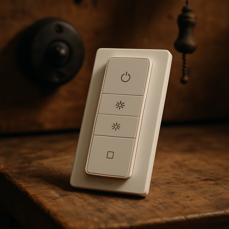 Close-up van een moderne, witte Philips Hue dimmer switch v2 die rust op een houten werkbank, met in de onscherpe achtergrond een glimp van een oudere, mechanische lichtschakelaar.