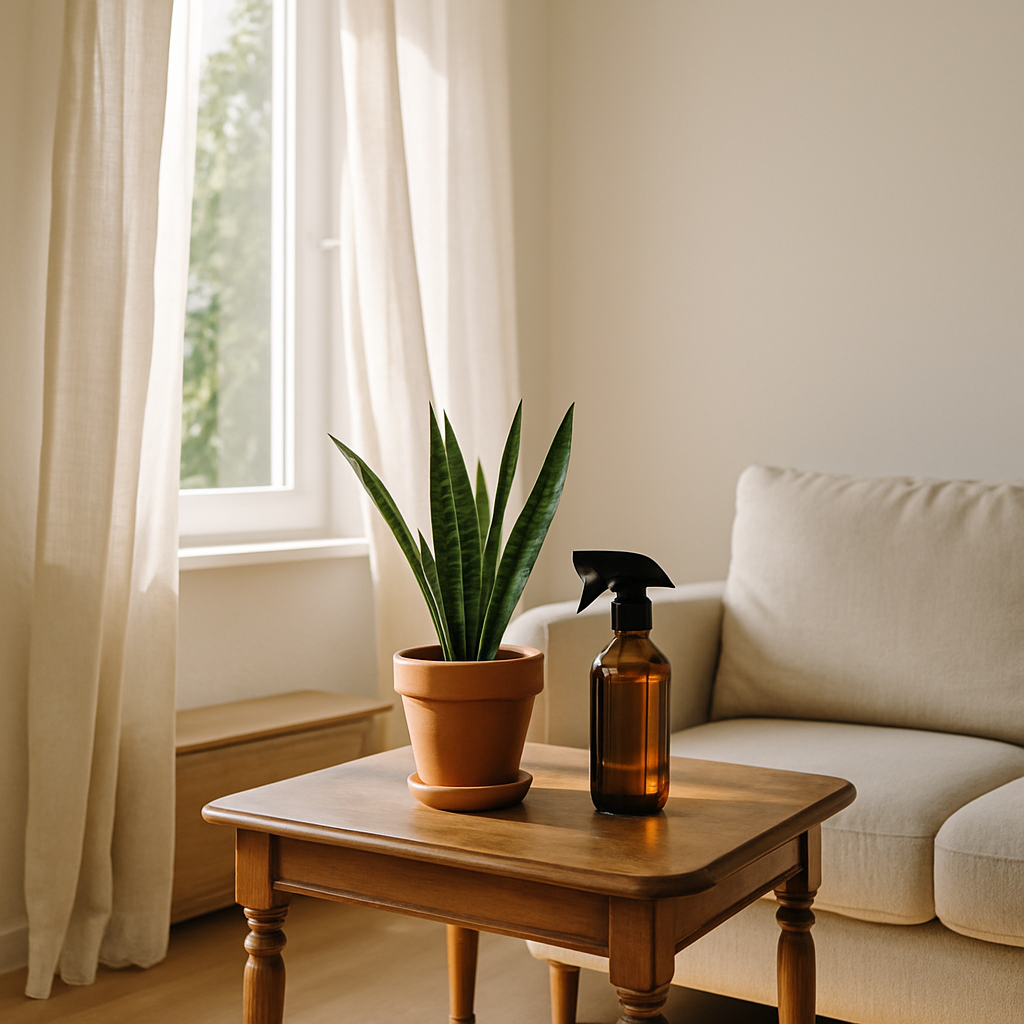 Een lichte woonkamer met een open raam, zachte gordijnen, een vintage houten bijzettafel met een Sansevieria plant en een natuurlijke schoonmaakspray.