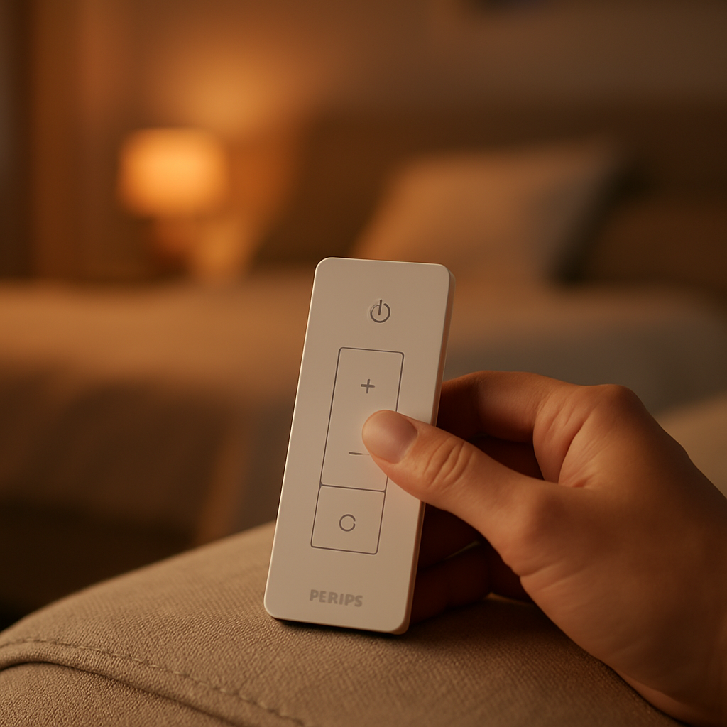 Een close-up van een hand die de Hue dimmer switch v2 vasthoudt of bedient, met op de achtergrond een subtiel verlichte woonkamer, wat het gemak en de sfeer van slimme verlichting symboliseert.