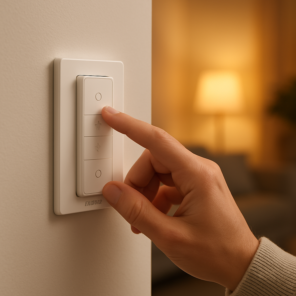 Een hand drukt op een Philips Hue Dimmer Switch V2 die aan een muur is bevestigd, met op de achtergrond zachte, warme smart home verlichting. De focus ligt op het gemak en de eenvoud van de bediening.
