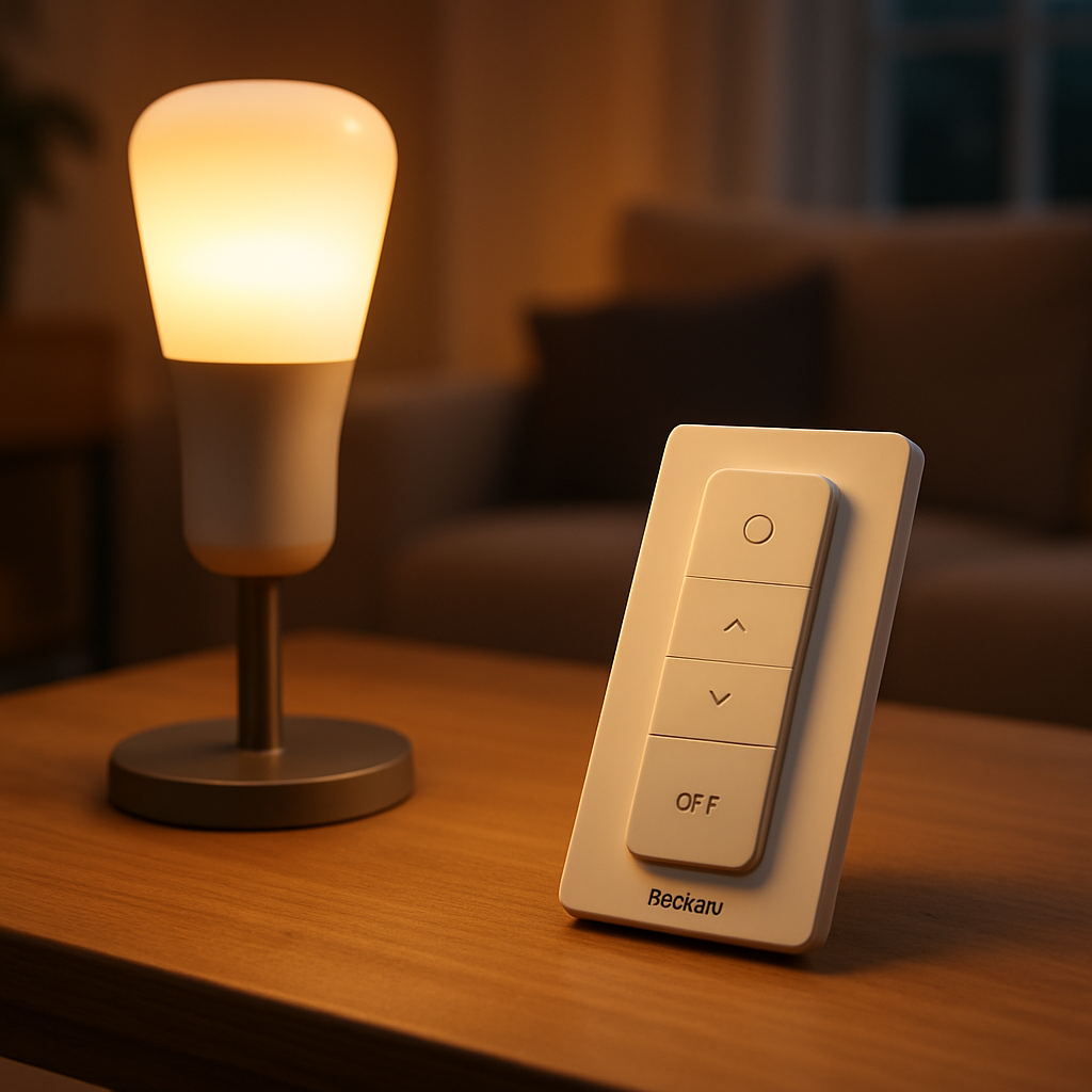 Een Philips Hue Dimmer Switch V2 ligt op een houten tafel, met een zacht gloeiende smart lamp op de achtergrond. De setting is een gezellige, moderne woonkamer.