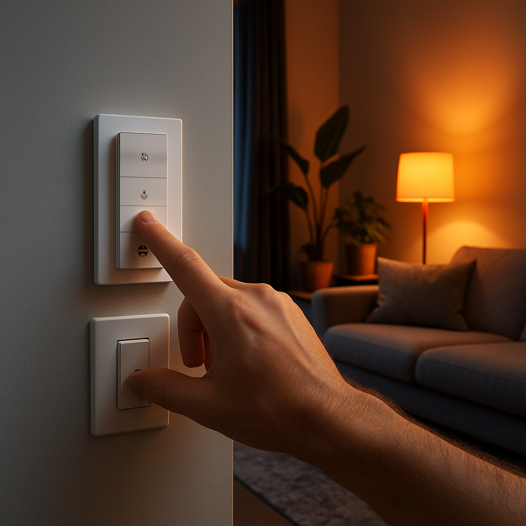 Een hand drukt op een Hue dimmer switch v2 die op een wandplaat over een bestaande lichtschakelaar is gemonteerd in een moderne woonkamer. Het licht in de kamer verandert subtiel van helder wit naar een warme oranje gloed.