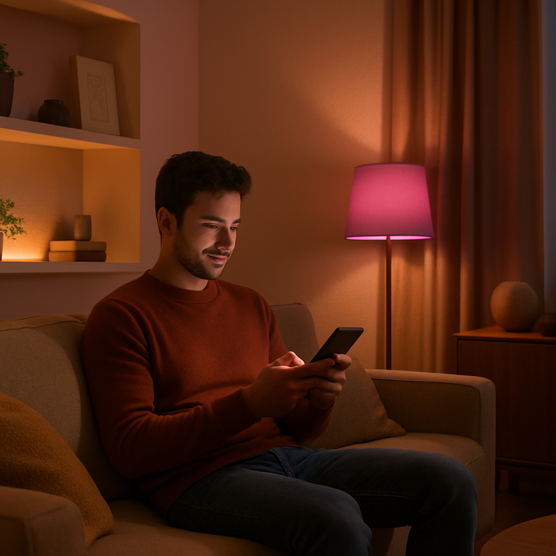 Een persoon zit ontspannen op een bank in een compacte, sfeervol verlichte woonkamer en bedient met een smartphone slimme lampen.