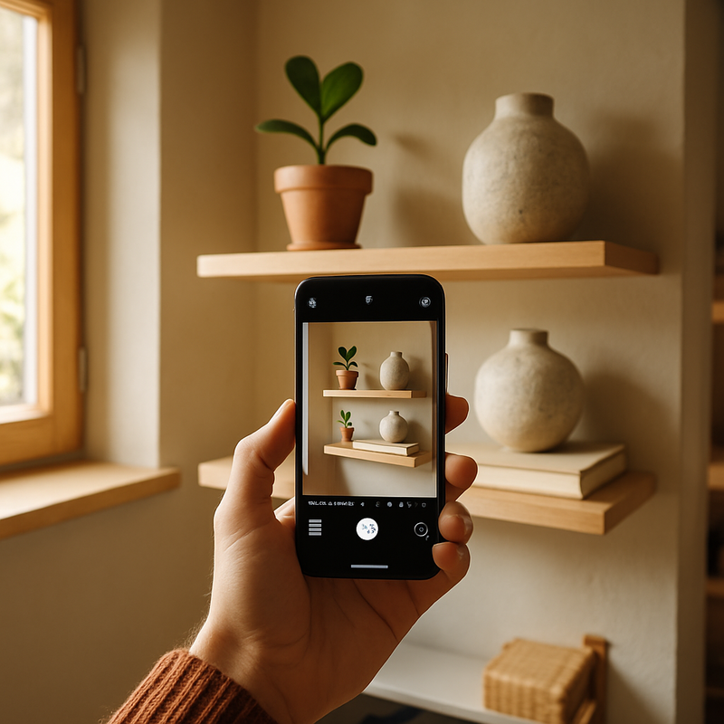 Een iPhone 14 wordt dichtbij gehouden en fotografeert een zwevende plank met een plant, een vaas en een boek, verlicht door zacht natuurlijk licht in een compacte kamer.