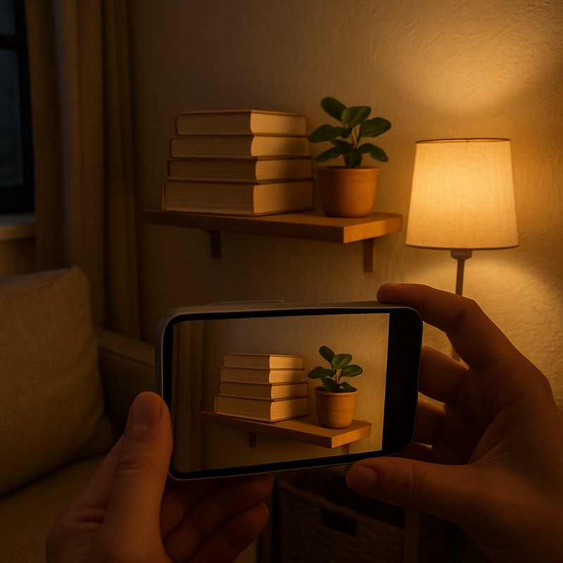 Een close-up foto van een gedetailleerd object, zoals een boek, een kleine plant, of een handgemaakte opbergmand, in een sfeervol, licht gedimd interieur van een klein Nederlands appartement, vastgelegd door een smartphonecamera. De helderheid en scherpte op de foto vallen op, ondanks de intieme, lage verlichting.