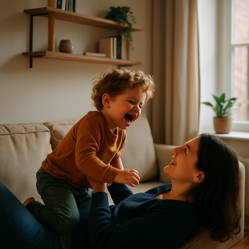 Een jonge ouder zit met een lachend kind op een kleine bank in een gezellige woonkamer met slimme opbergruimte. De achtergrond is zacht vervaagd, wat een filmisch effect creëert.