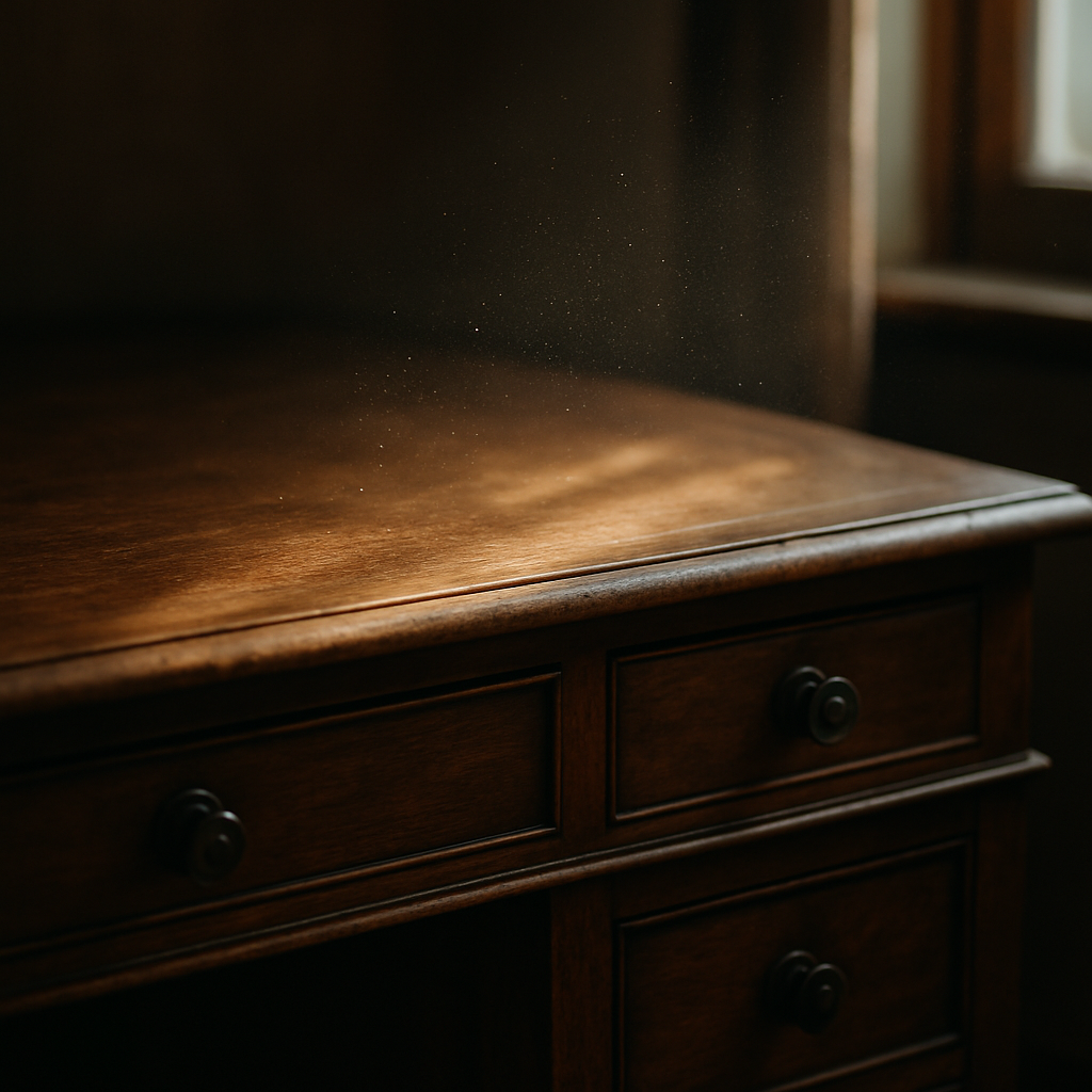 Een close-up van een oud, gepolijst houten bureau met een subtiele lichtstraal die minuscule stofdeeltjes boven het oppervlak verlicht, wat de onzichtbare elementen in de lucht symboliseert.