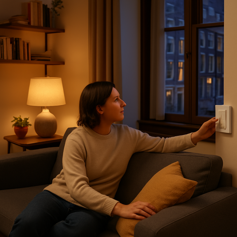 Een persoon zit ontspannen op een bank in een sfeervol verlichte, kleine woonkamer en bedient de Philips Hue dimmer switch die naast de bank op de muur is gemonteerd.