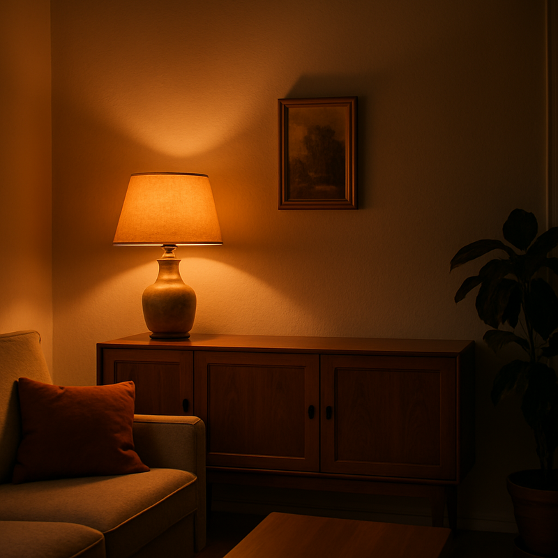 Een warm verlichte woonkamer met een vintage houten dressoir. Een opengewerkte tafellamp met een zachte, oranje gloed accentueert de houten nerf en een kunstwerk aan de muur, wat een gezellige avondsfeer creëert.