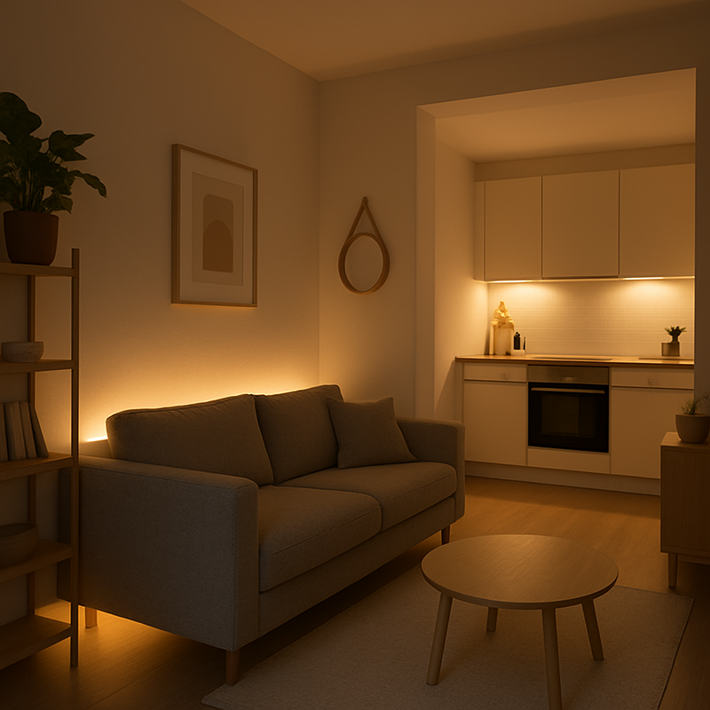 Een subtiel verlichte kleine woonkamer en keuken in een modern Nederlands appartement, met onopvallende lichtstrips achter een bank en onder keukenkastjes, die de ruimte optisch vergroten en een gezellige sfeer creëren.