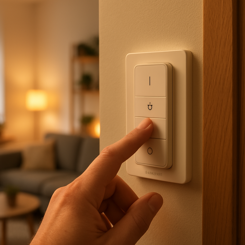 Een hand drukt op een Philips Hue dimmer switch die netjes naast een deurpost in een klein appartement is gemonteerd, wat de naadloze integratie en het bedieningsgemak illustreert.